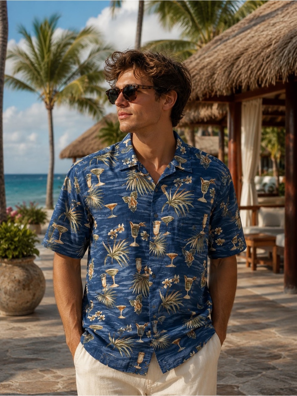Men's Blue Tropical Print Short-Sleeve Button-Down Shirt